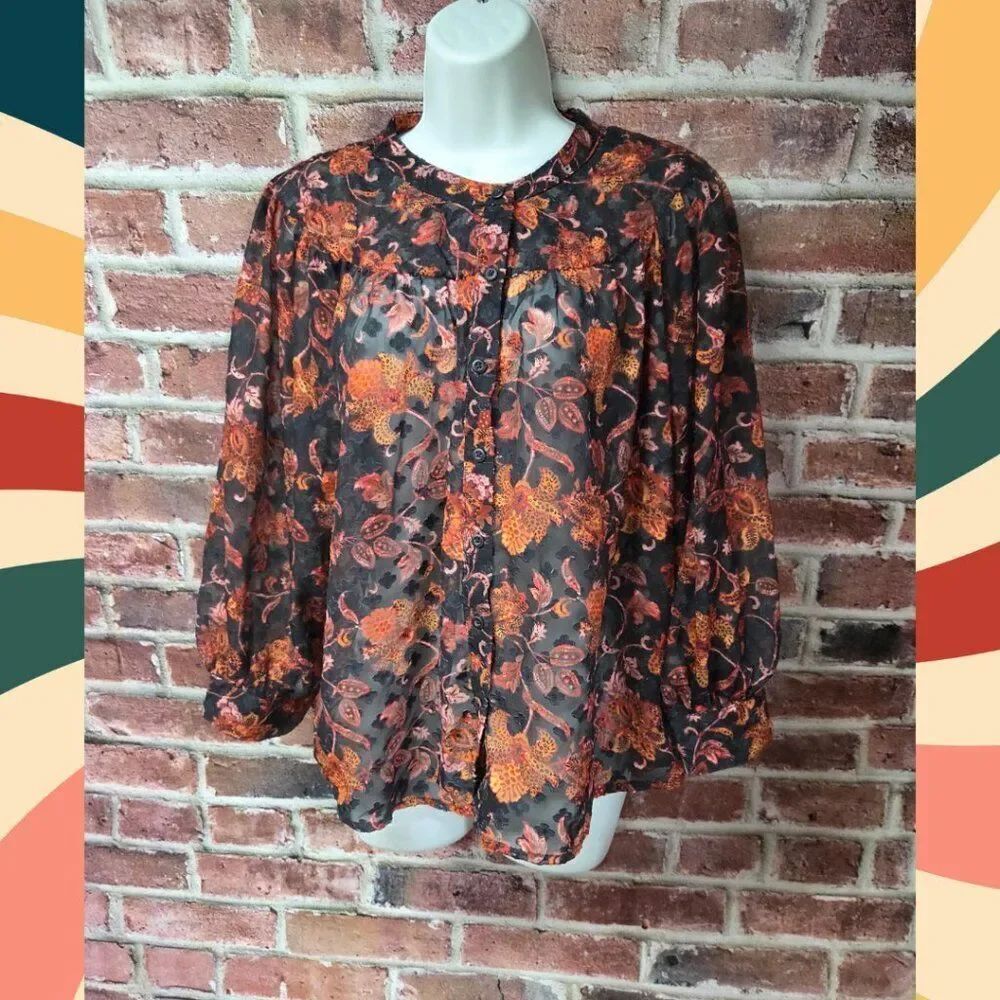 Ophelia Roe Floral Blouse XL | Boho Shabby Chic Puff Sleeve Round Hem Orange Top